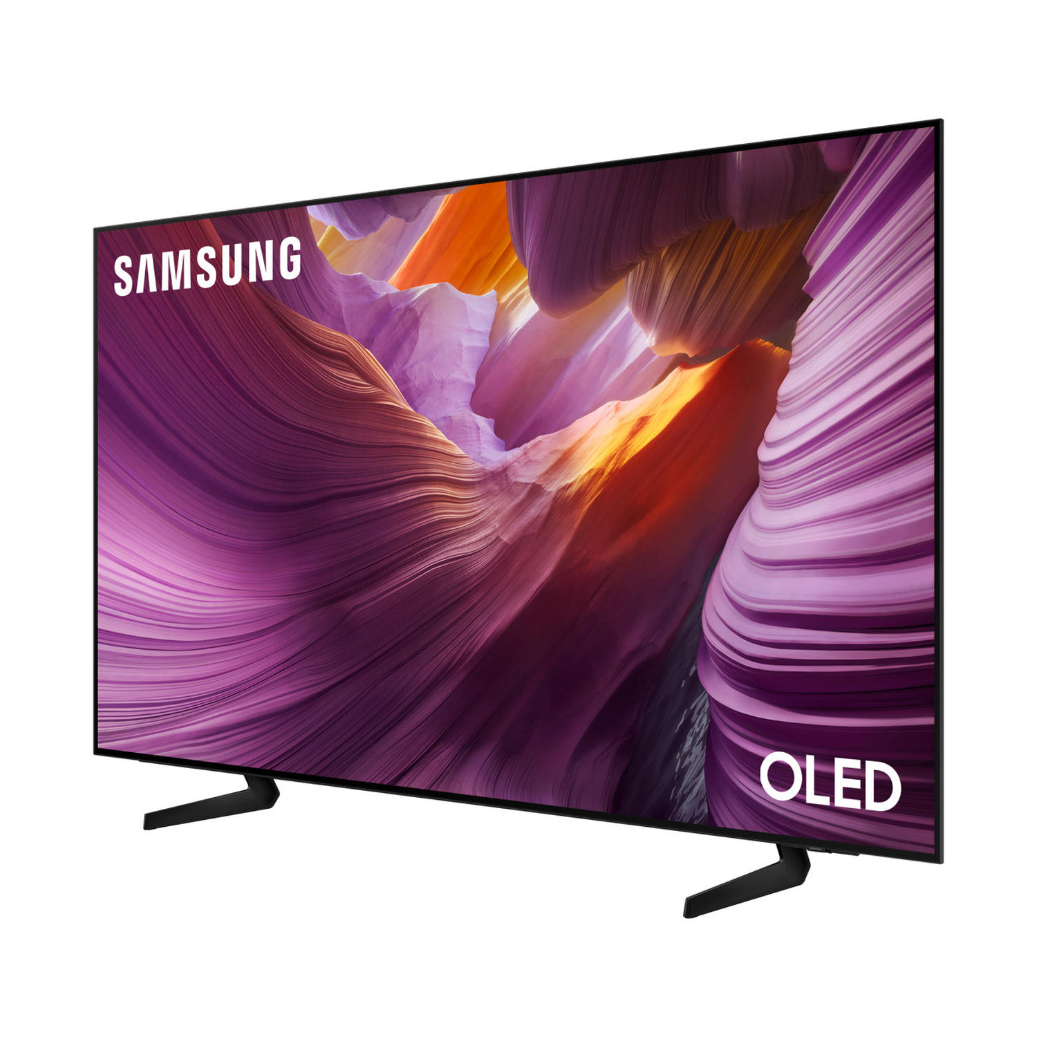 Una TV Samsung OLED visualizza un'immagine astratta con tonalità viola e arancioni.