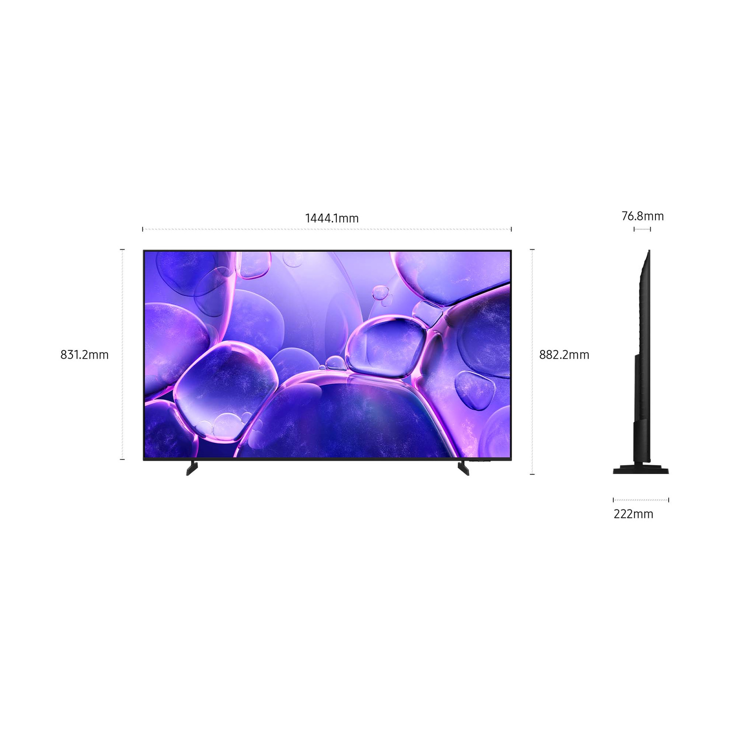 Una grande TV con sfondo di bolle viola, con dimensioni indicate.