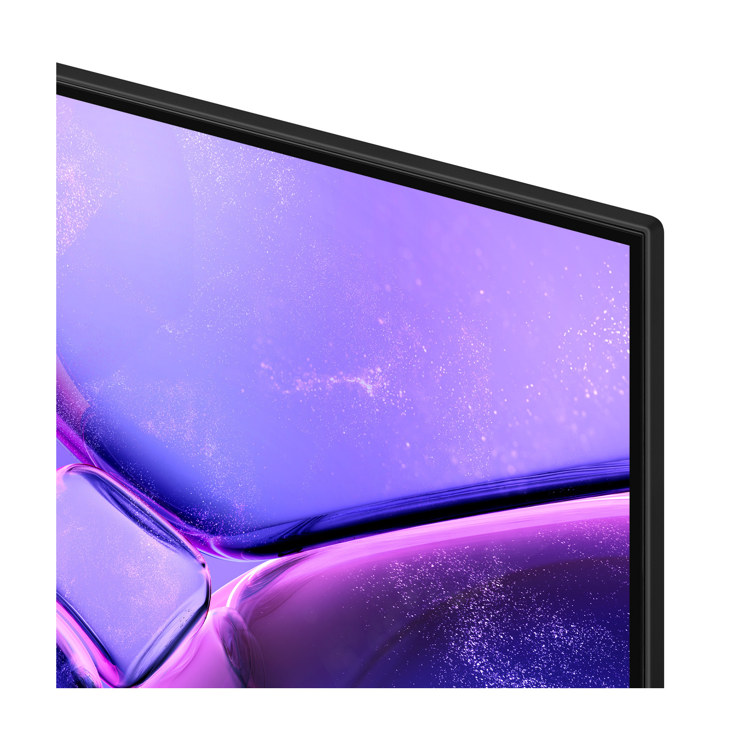 Primo piano di un monitor con grafica astratta viola e blu.