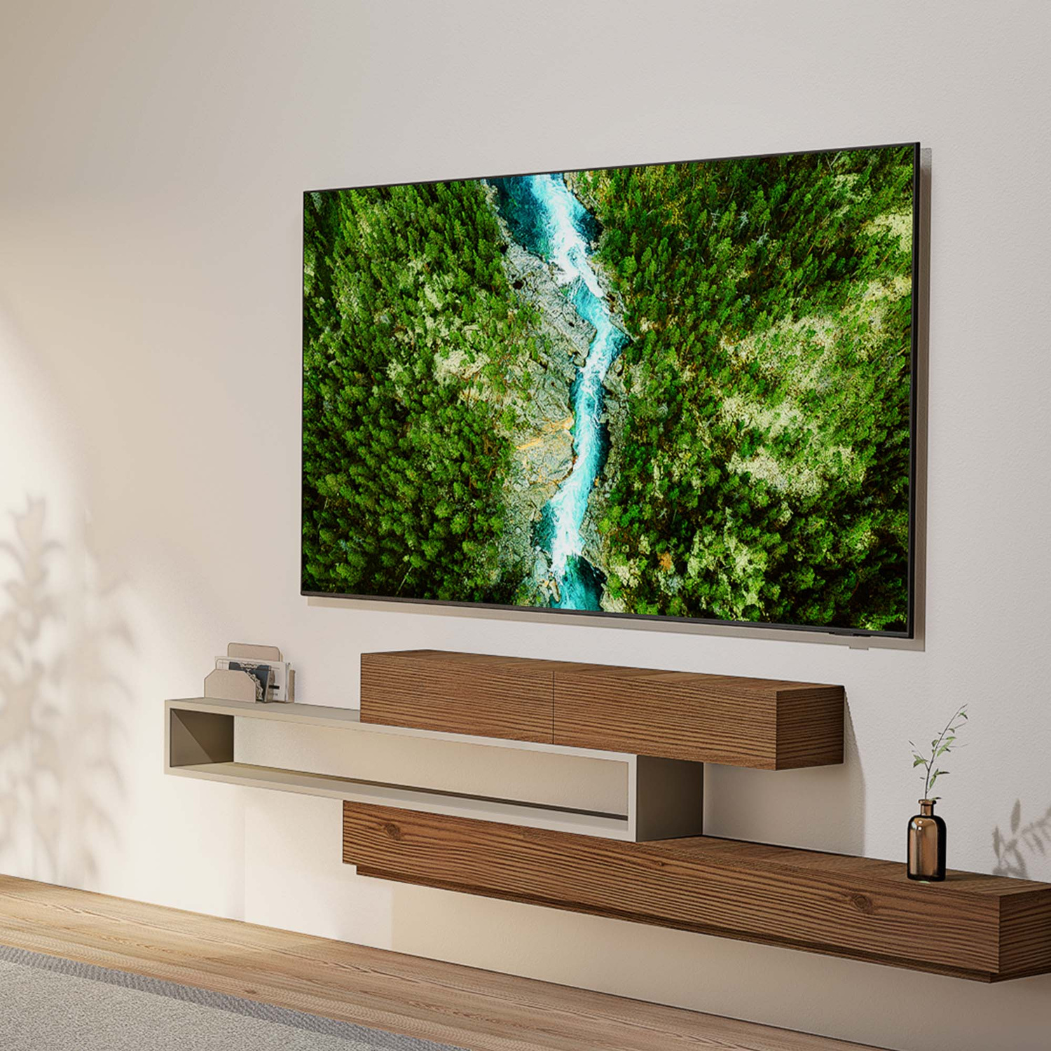 Soggiorno moderno con TV a parete che mostra un paesaggio e mobili in legno sospesi.