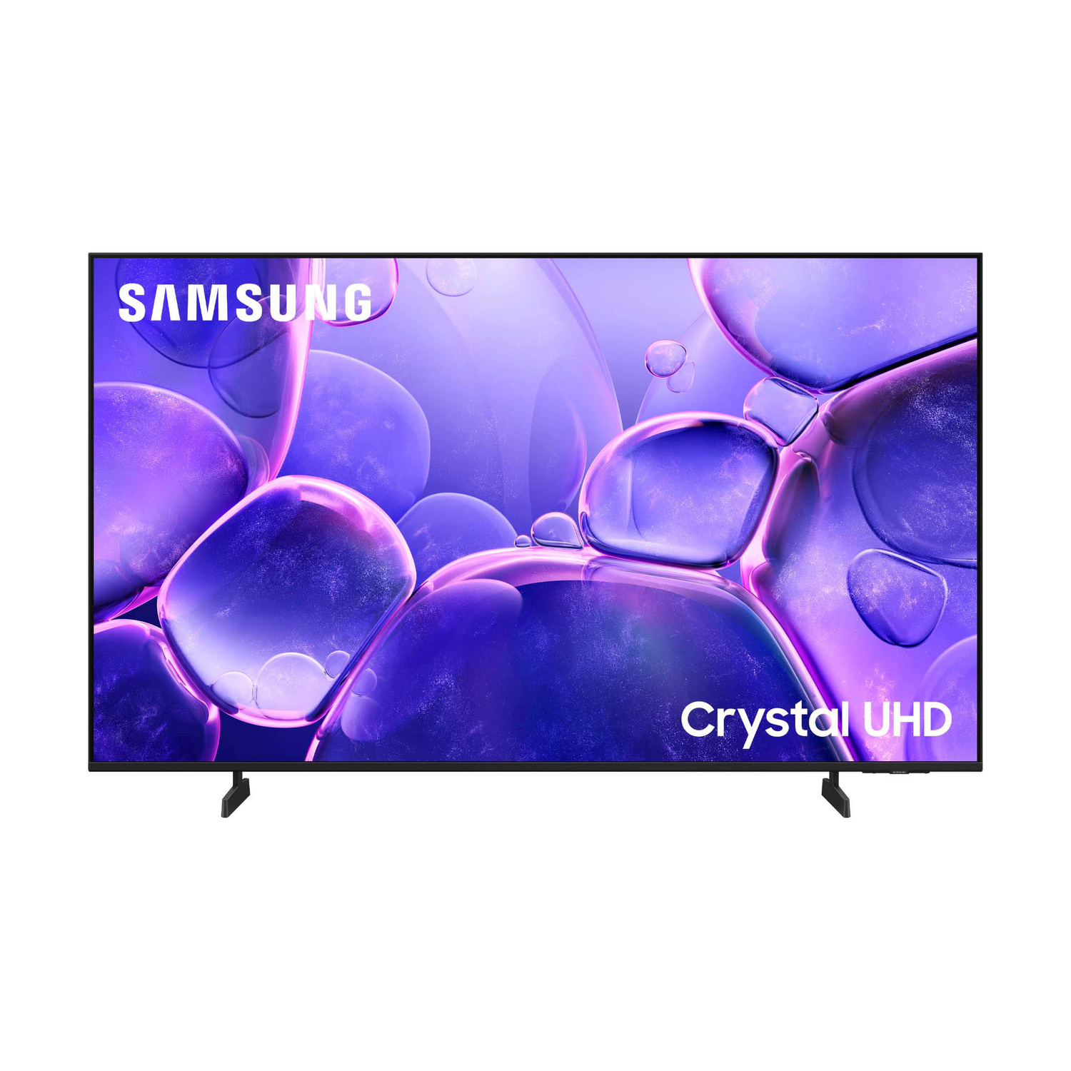 TV Samsung Crystal UHD con bolle viola sullo schermo.