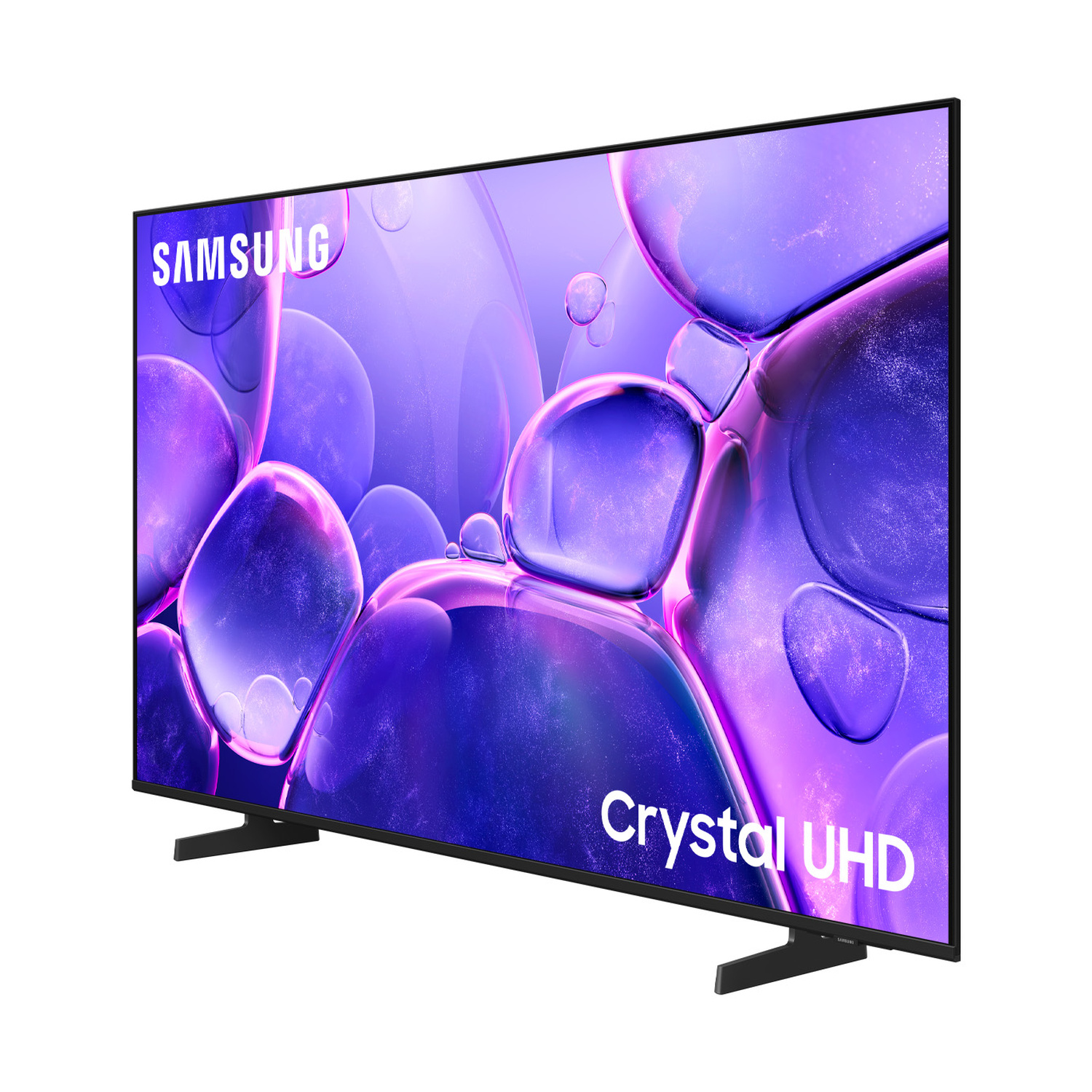Una TV Samsung Crystal UHD con sfondo viola a bolle.