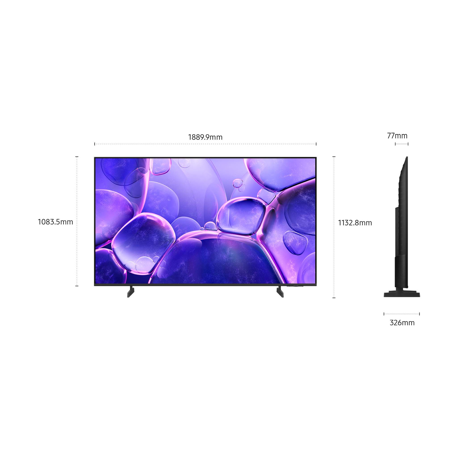 Un grande schermo TV che mostra bolle viola con dimensioni indicate.