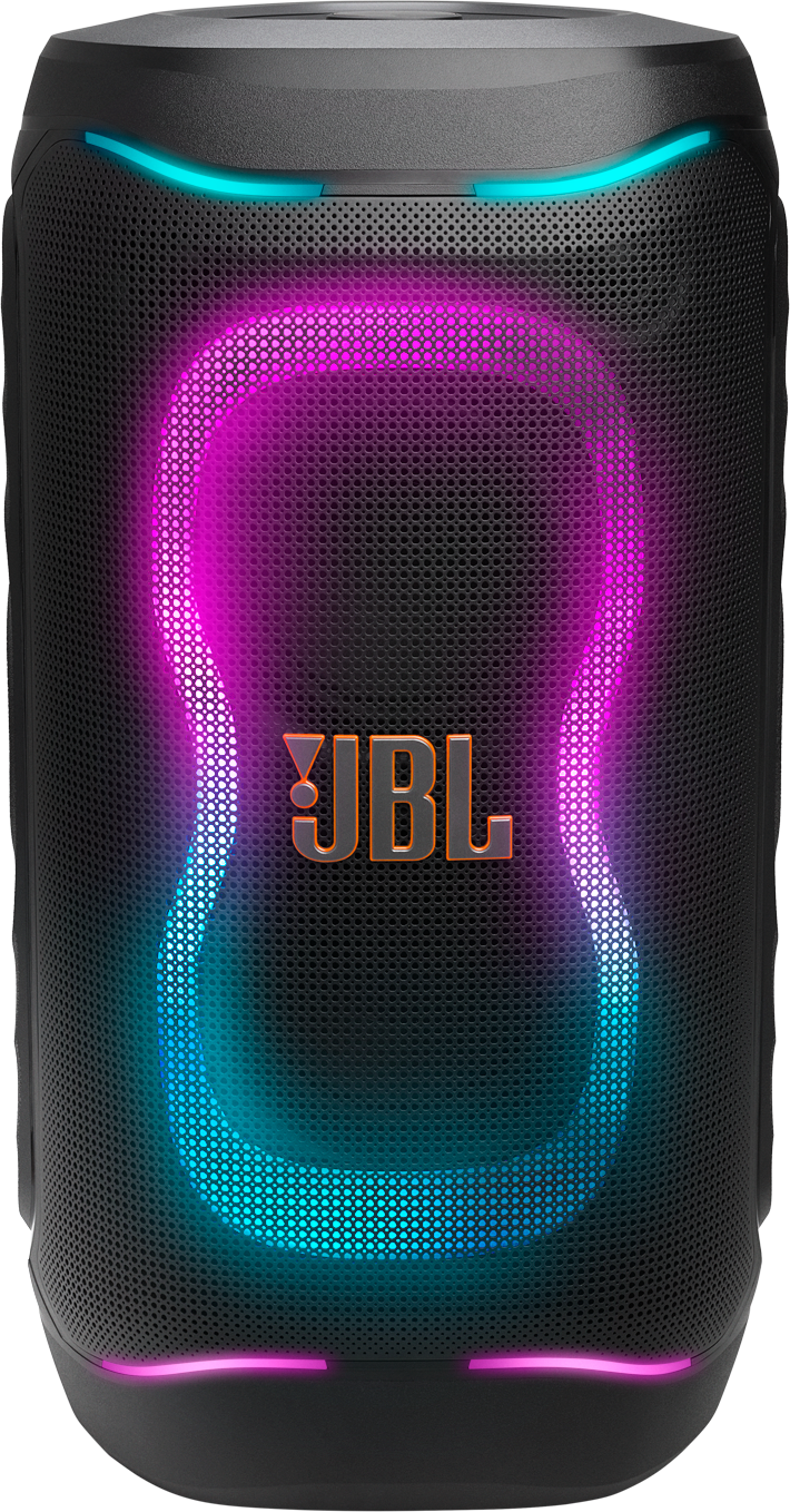 Enceinte JBL noire avec lumières violettes et bleues pulsantes.