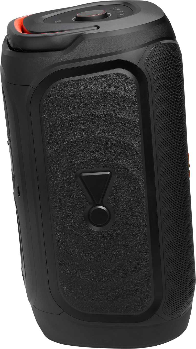Enceinte portable noire avec des accents orange et un logo JBL.