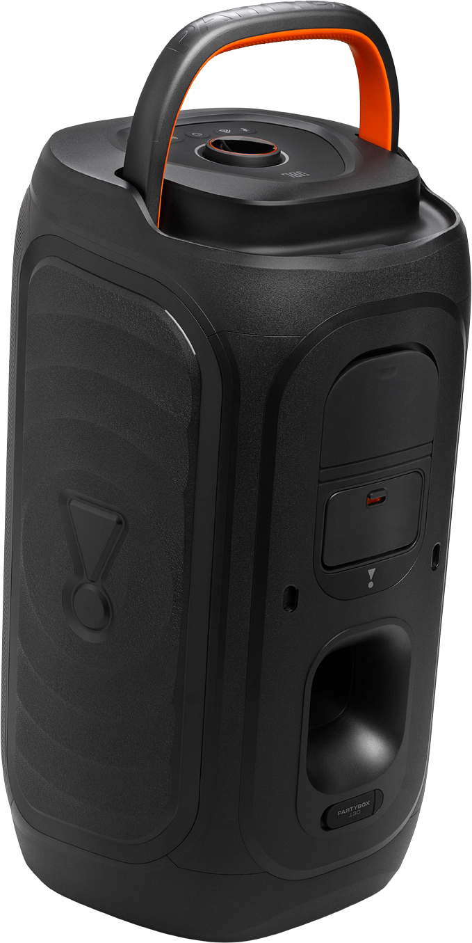 Enceinte portable noire avec poignée orange et boutons de commande dessus.