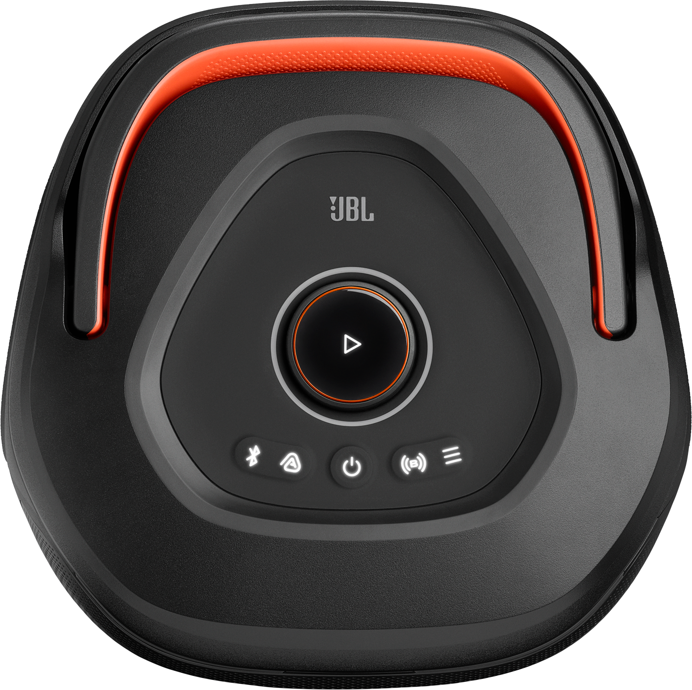 Enceinte JBL noire avec poignée orange et bouton lecture.
