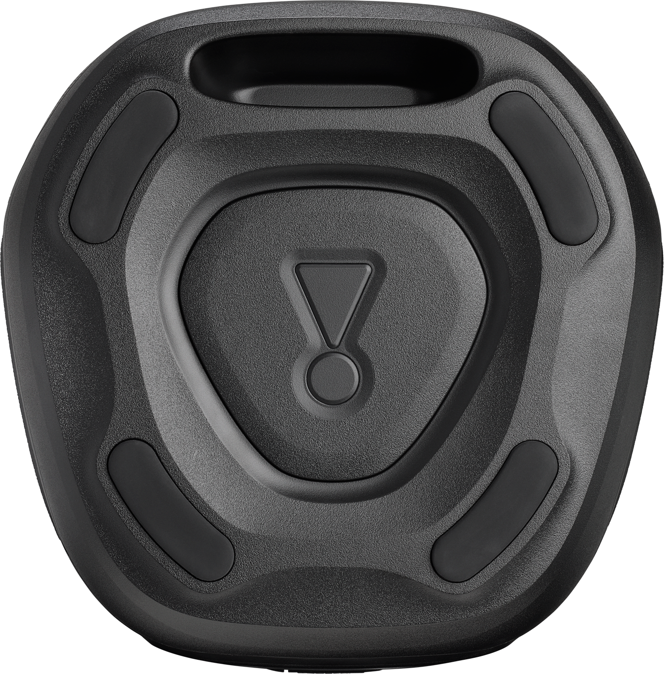 Haut-parleur portable noir avec poignée et logo dessus.