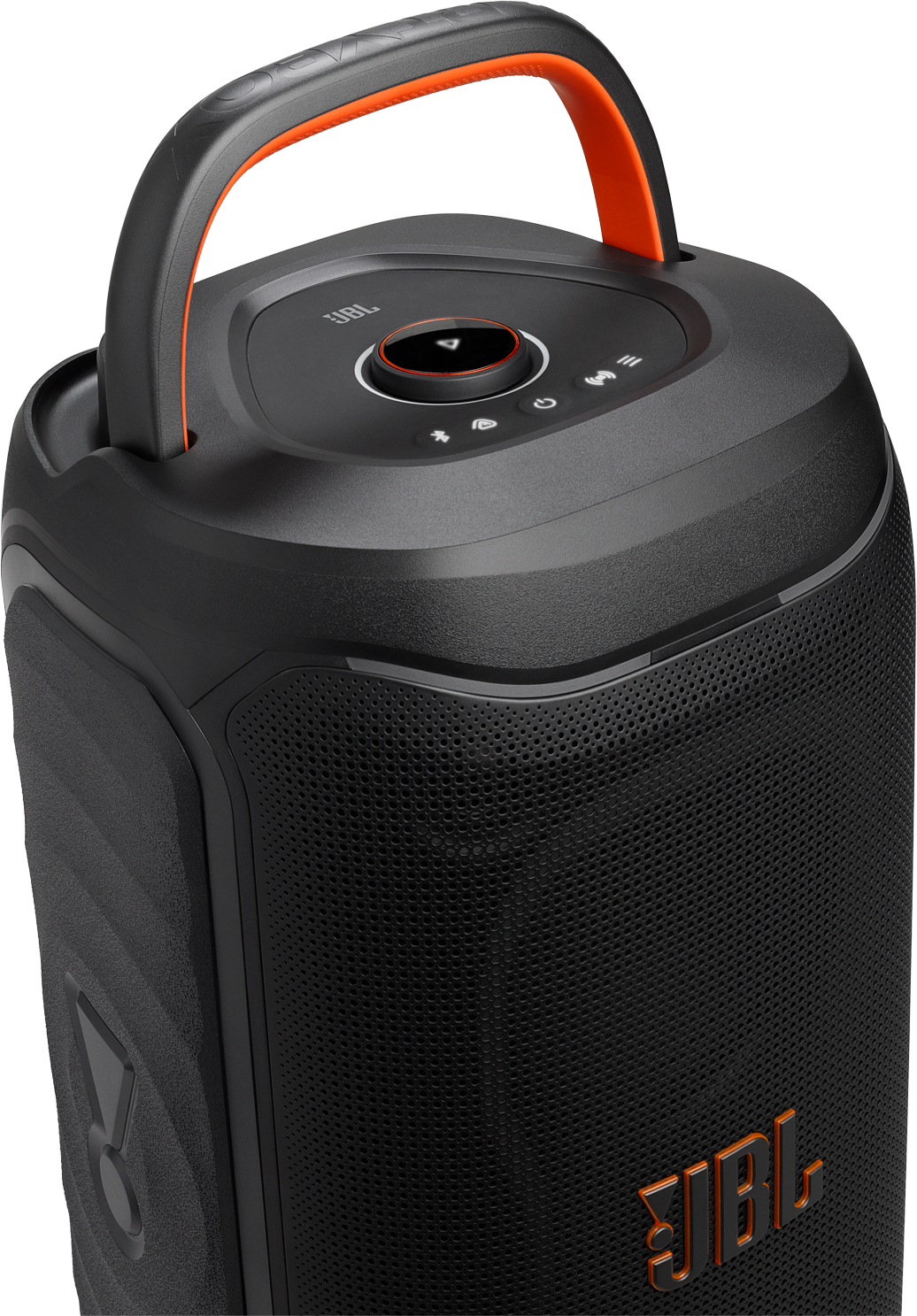 Enceinte JBL noire avec poignée et boutons de commande orange.