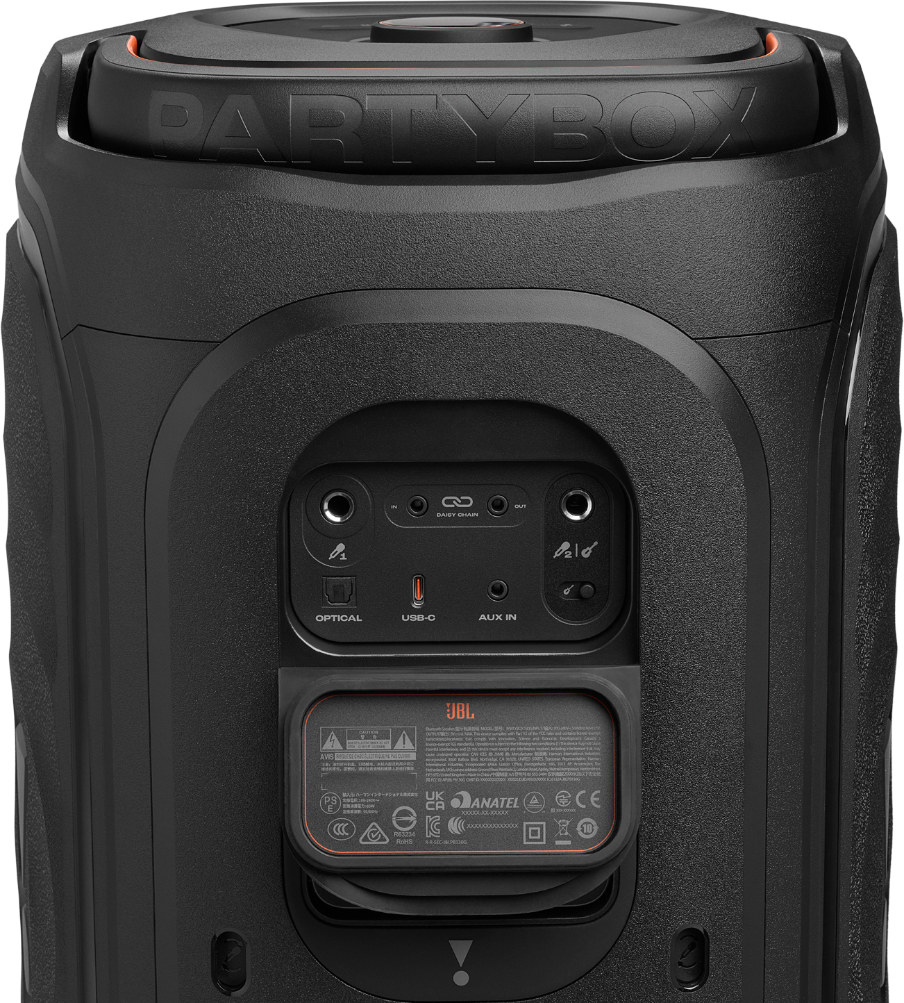 Enceinte JBL Partybox noire avec connectiques : Optique, USB-C, Aux In, Daisy Chain.