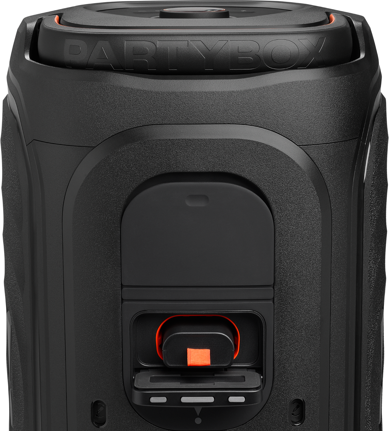 Enceinte JBL Partybox noire avec accents orange et compartiment ouvert.