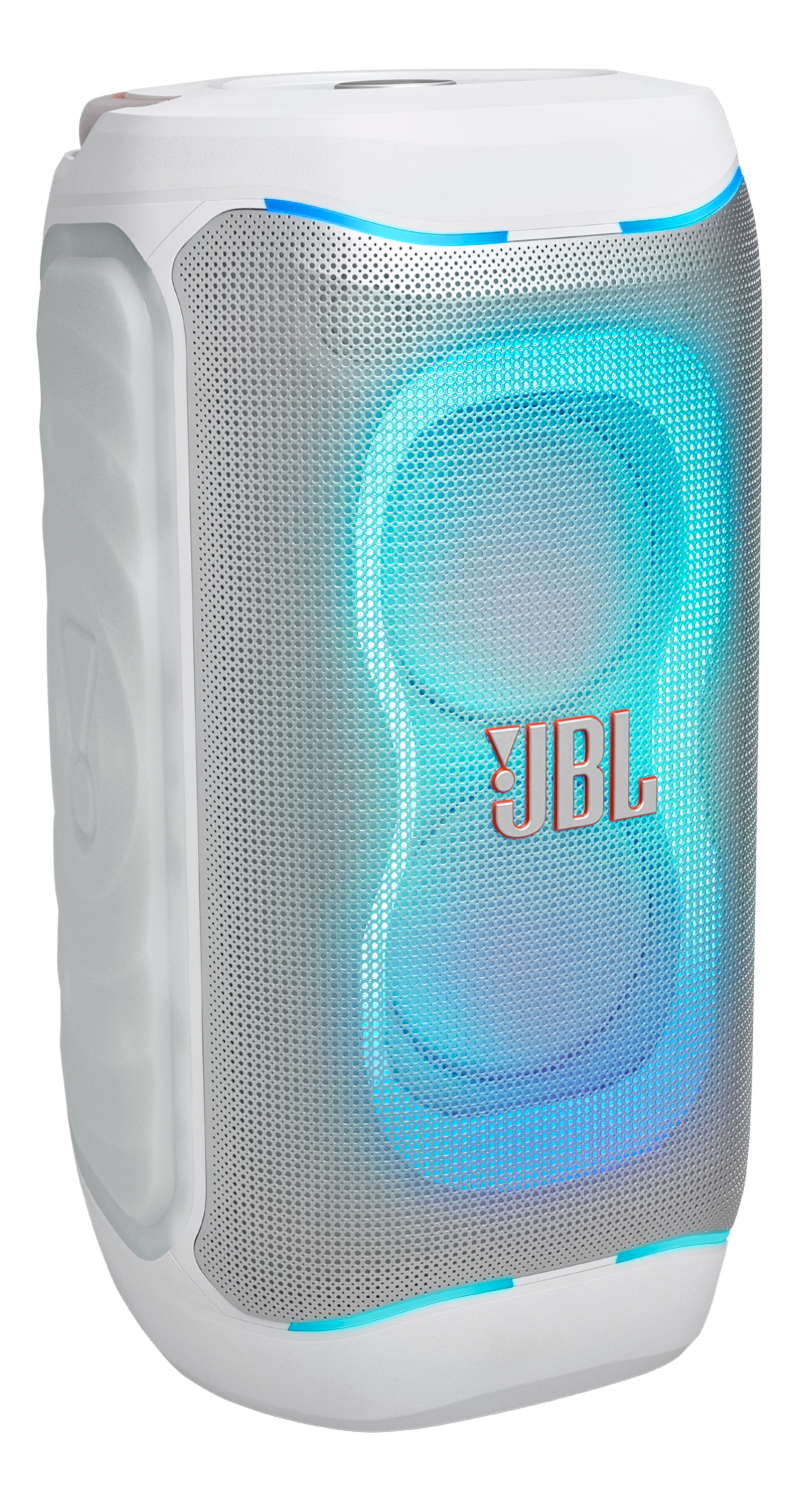 Une enceinte JBL blanche avec lumières bleues et logo JBL.