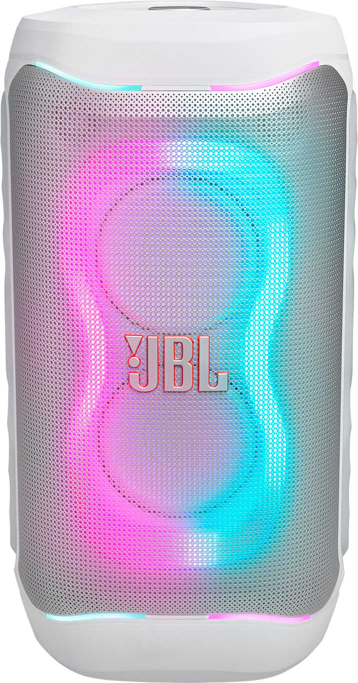 Enceinte JBL blanche avec lumières roses et bleues. Logo JBL central.