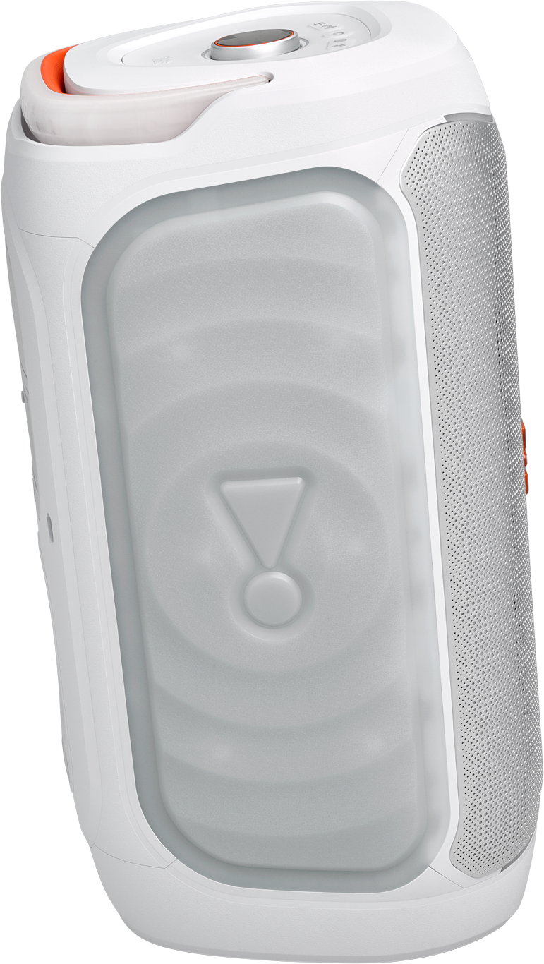 Une enceinte blanche avec des accents orange et un panneau de contrôle translucide.