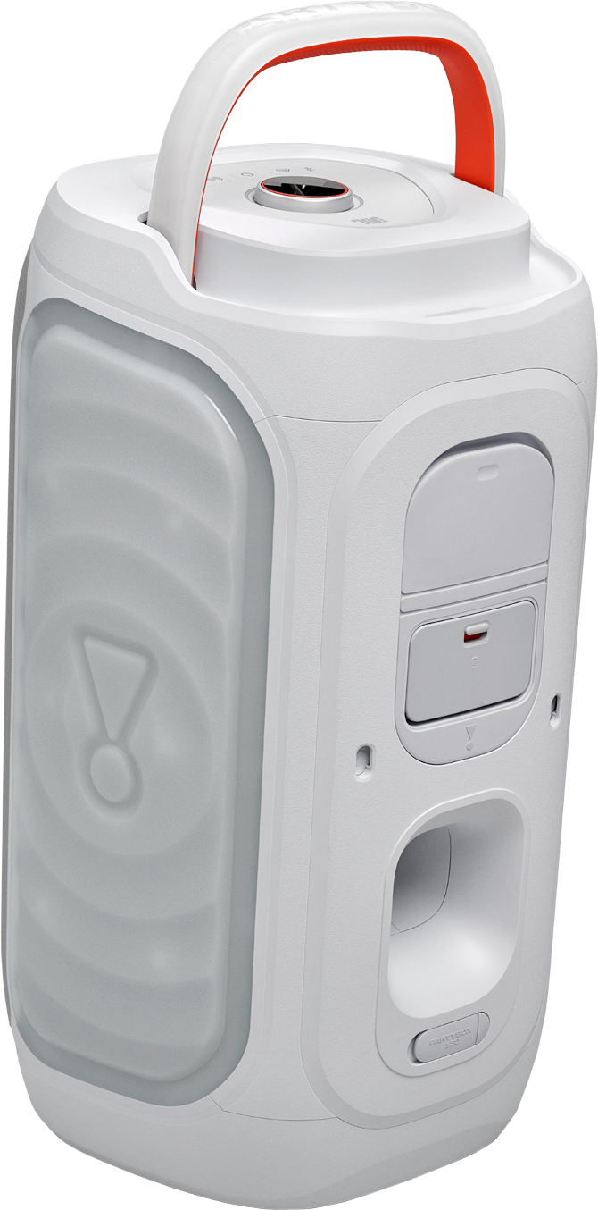 Une enceinte portable blanche avec poignée rouge et lumières.