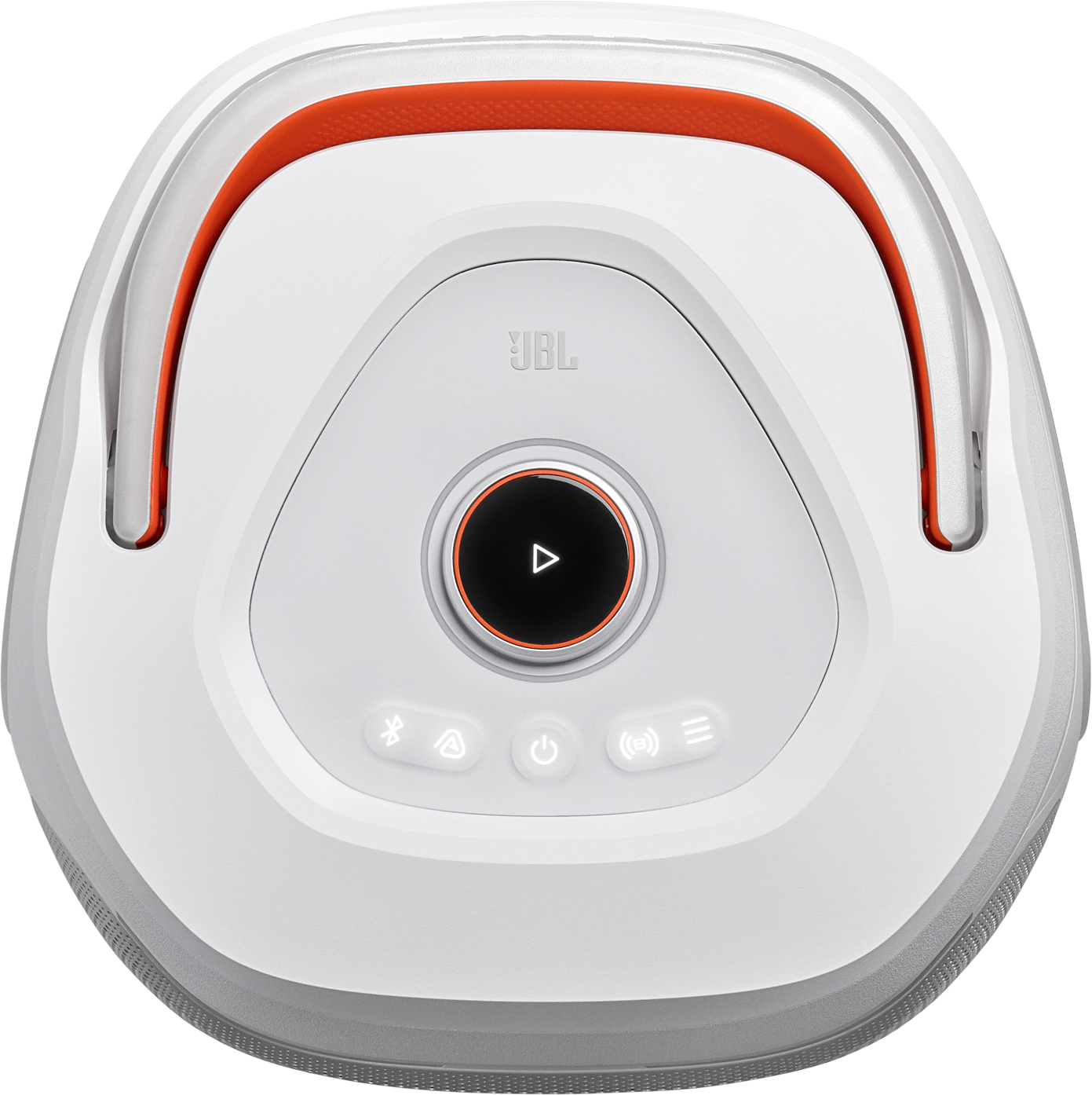 Une enceinte JBL blanche avec des accents orange et un bouton lecture.