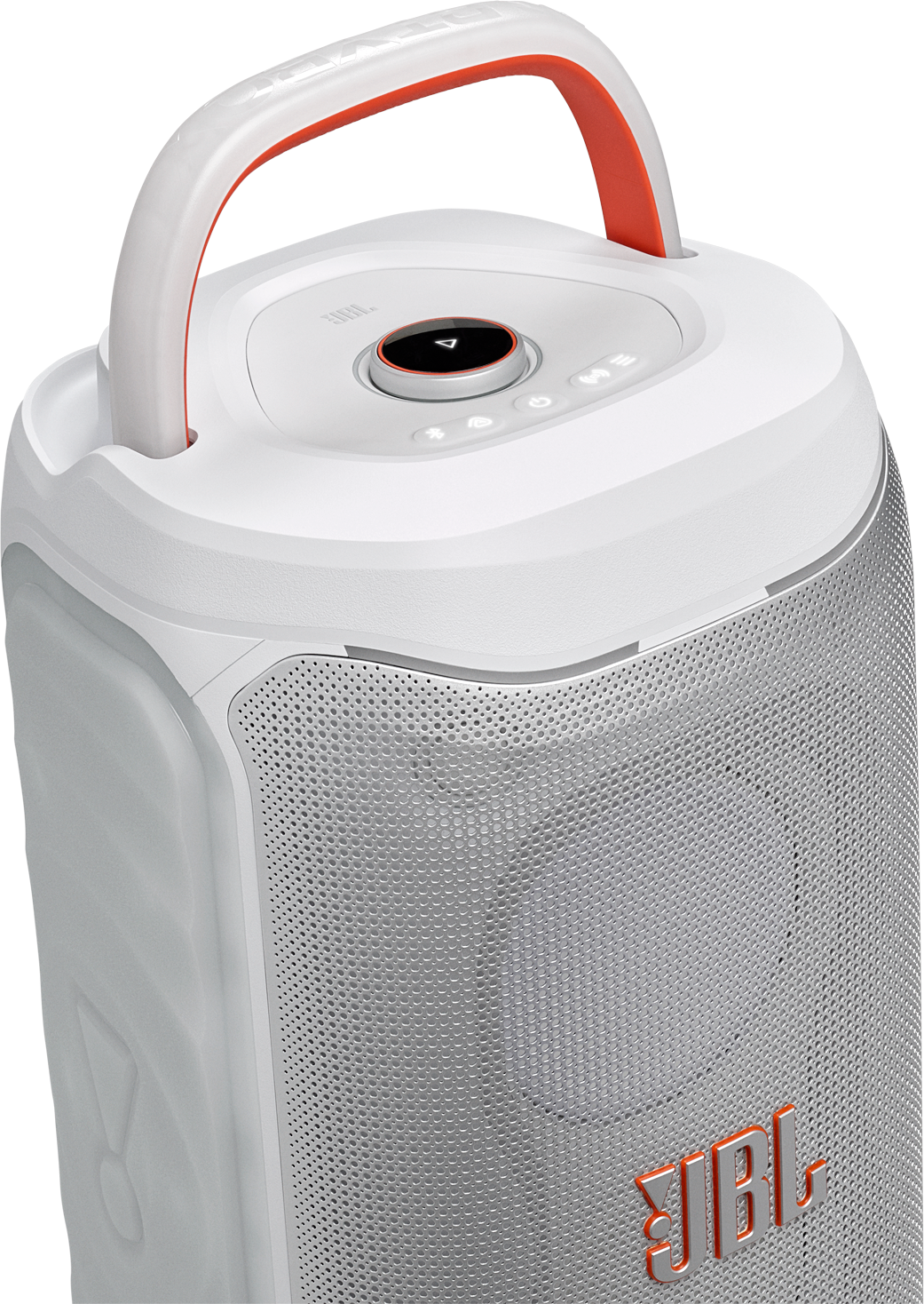 Enceinte portable JBL blanche avec poignée et panneau de commande orange.