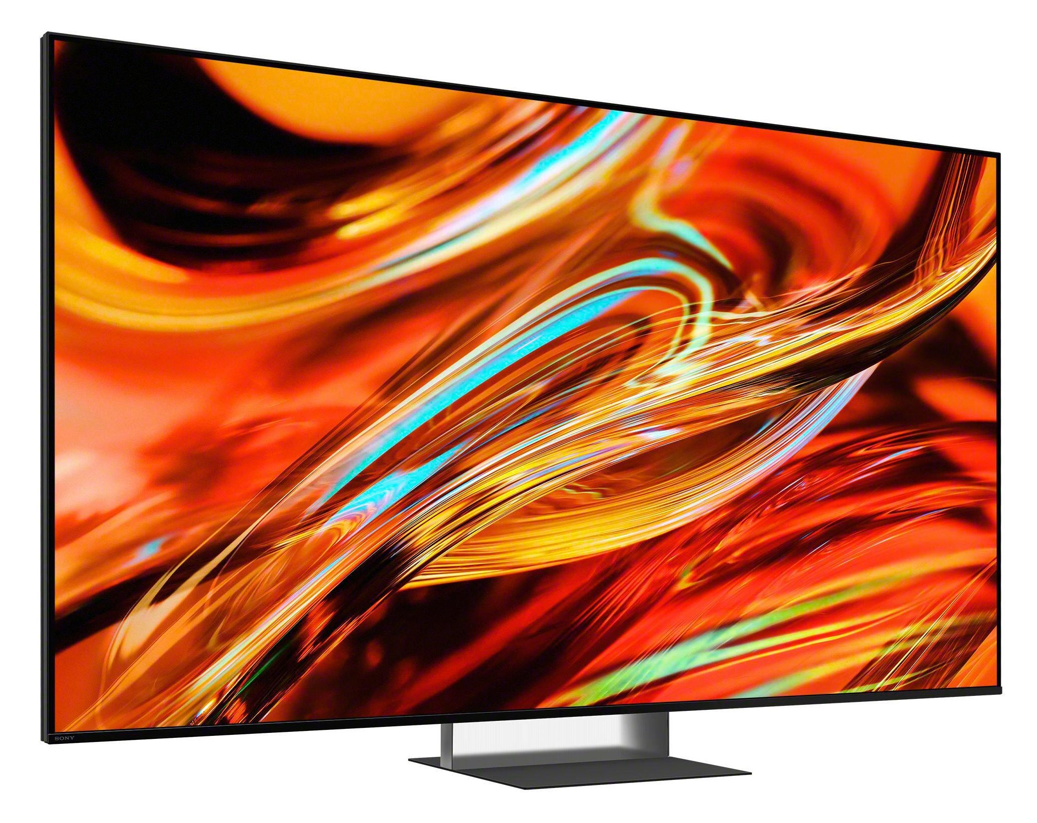 Nowoczesny telewizor z abstrakcyjnym, żywym pomarańczowo-niebieskim ekranem.