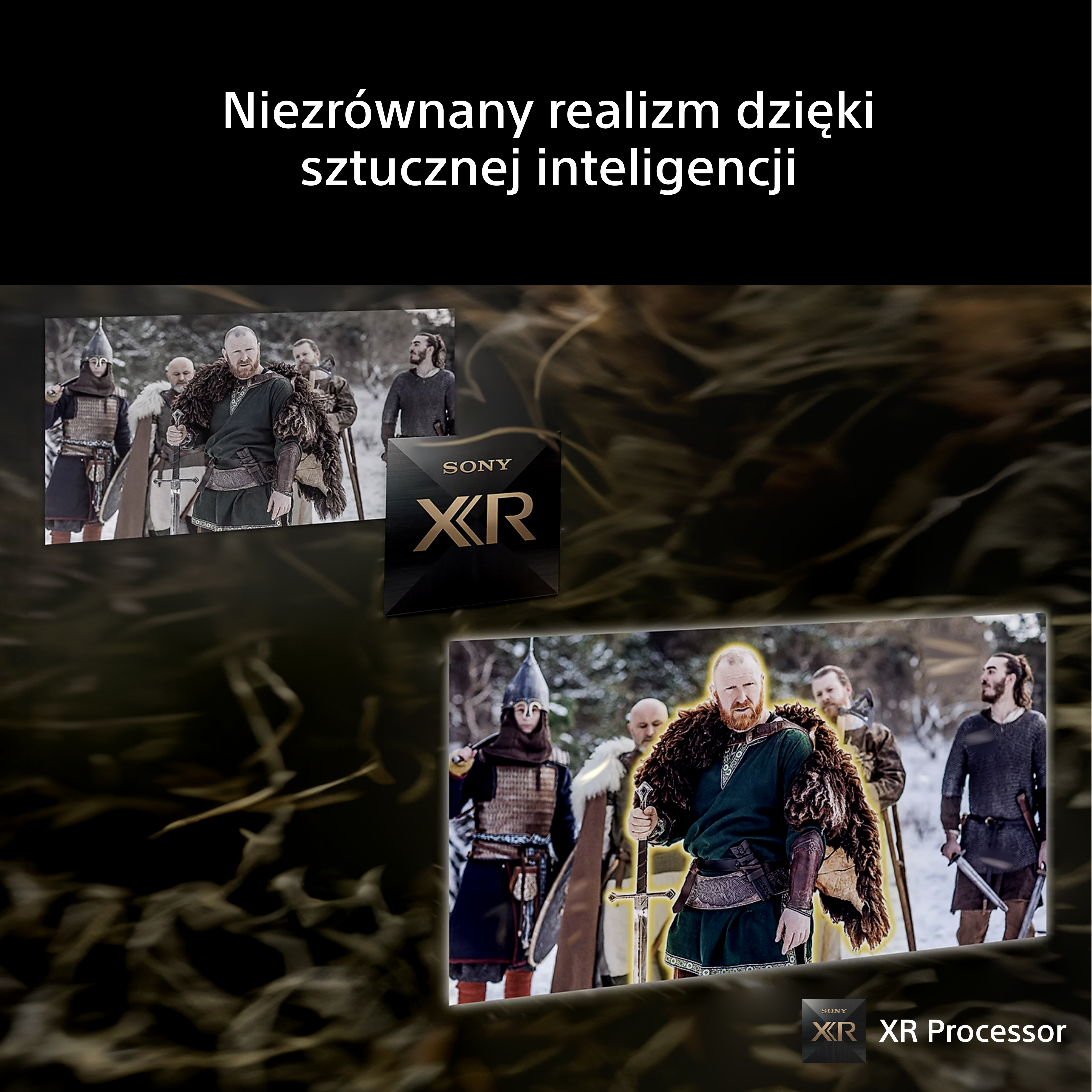 Wikingowie w zimowych strojach z mieczami i logo Sony XR Processor.