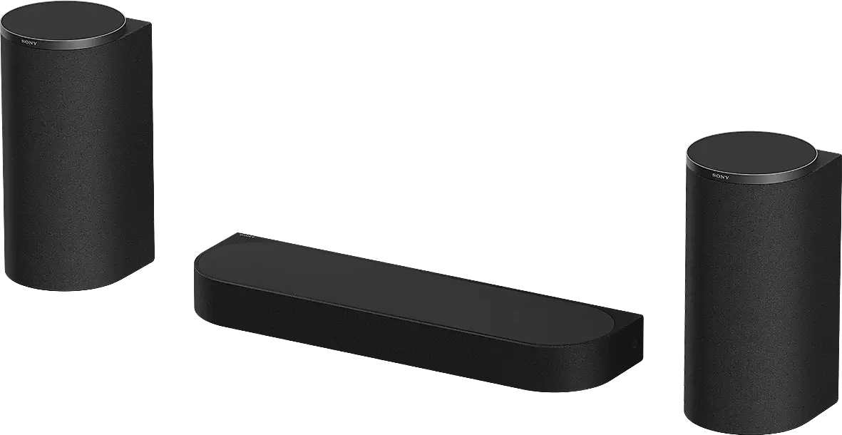 Három fekete Sony hangszóró: két hengeres és egy lapos.
