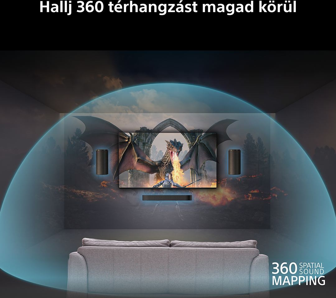 Egy kanapé egy sárkányt mutató TV előtt.