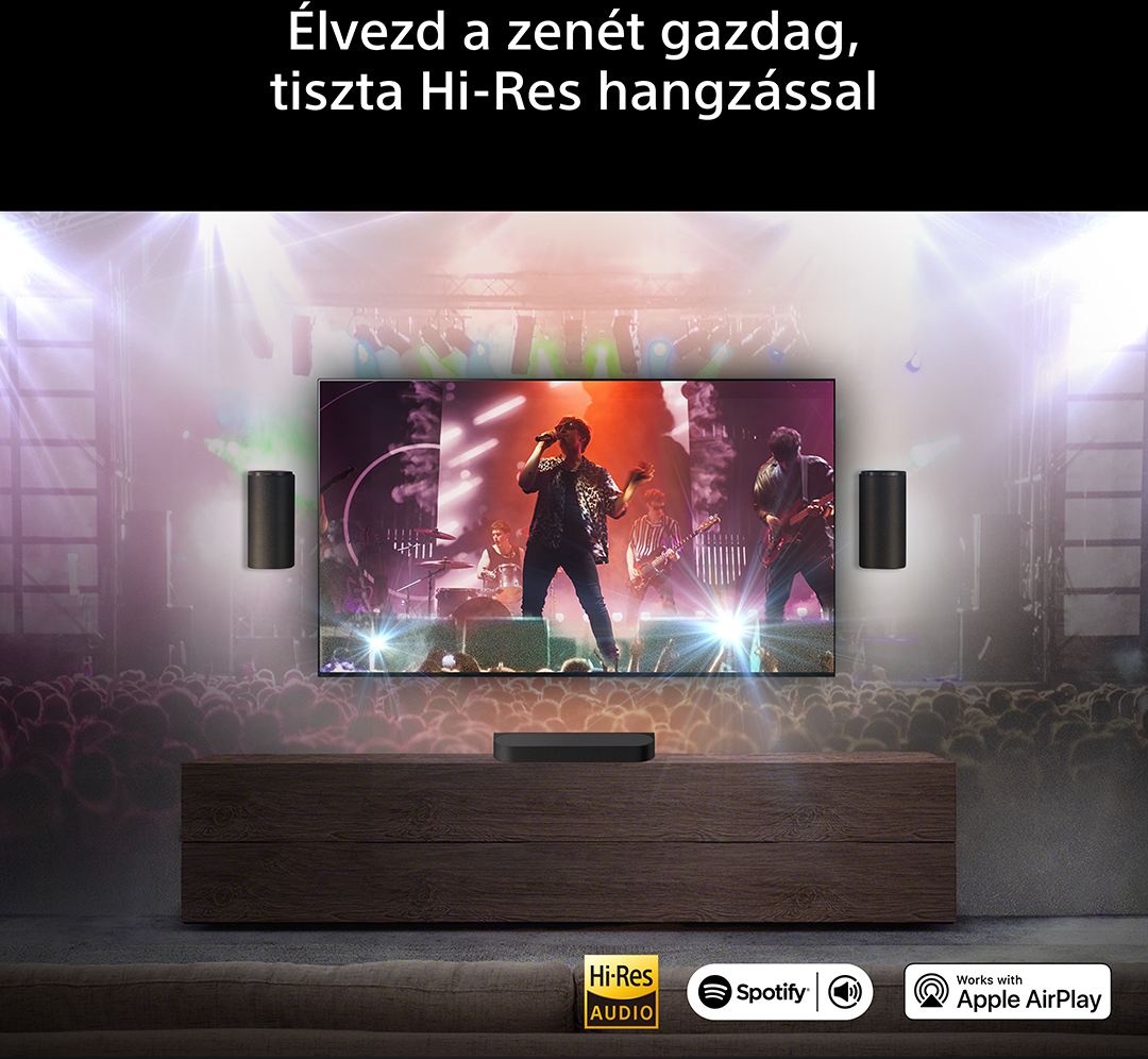 Koncert látható TV-n, hangszórókkal és audio logókkal.