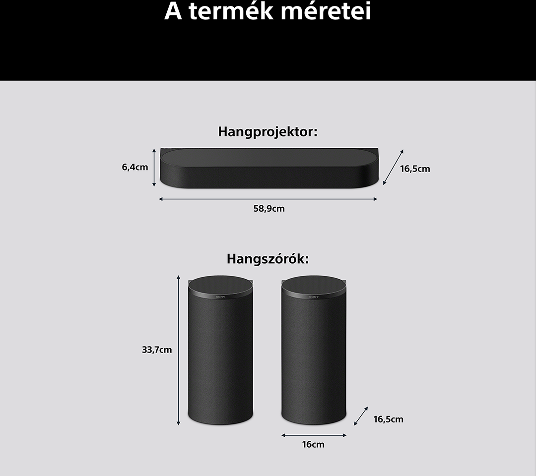 Fekete soundbar és két hengeres hangszóró méretei láthatók.