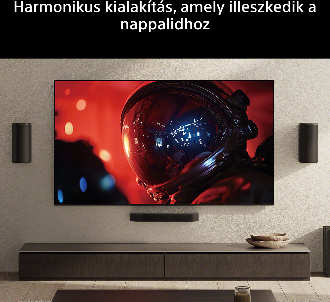 Űrhajós sisak piros háttérrel és reflexiókkal, hangfalak az oldalakon.