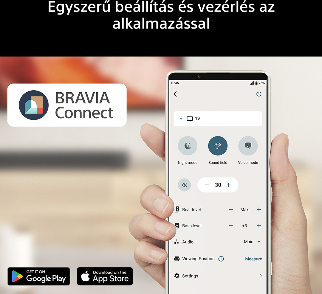 Egy kéz okostelefont tart, rajta a BRAVIA Connect alkalmazás TV-beállításokkal.