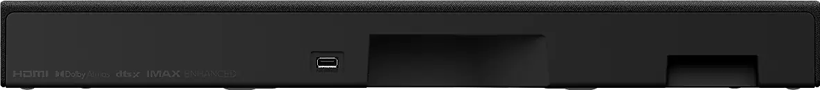 Egy fekete soundbar hátulja HDMI, Dolby Atmos, DTS:X, IMAX Enhanced és USB csatlakozókkal.