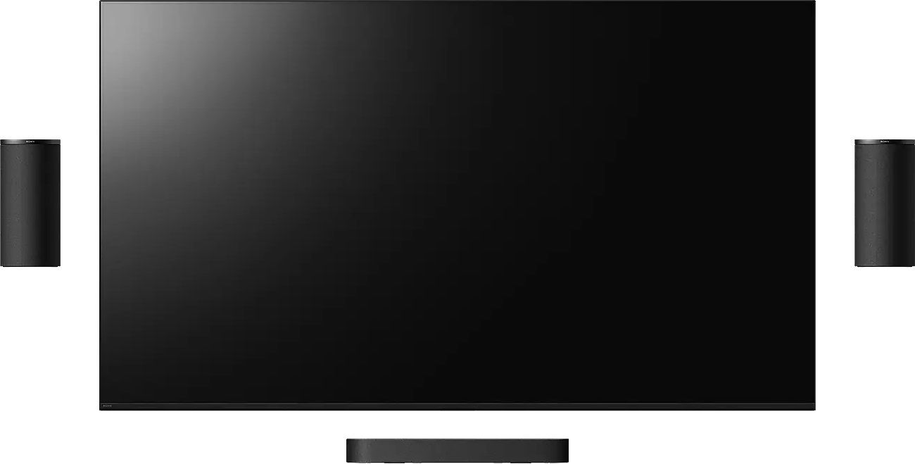 Egy fekete televízió két hangszóróval és egy soundbarral.