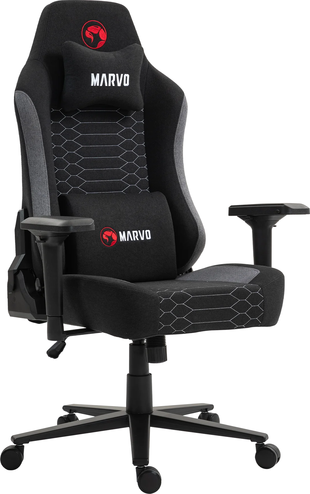 Fekete gamer szék piros Marvo logóval és fehér varrással.