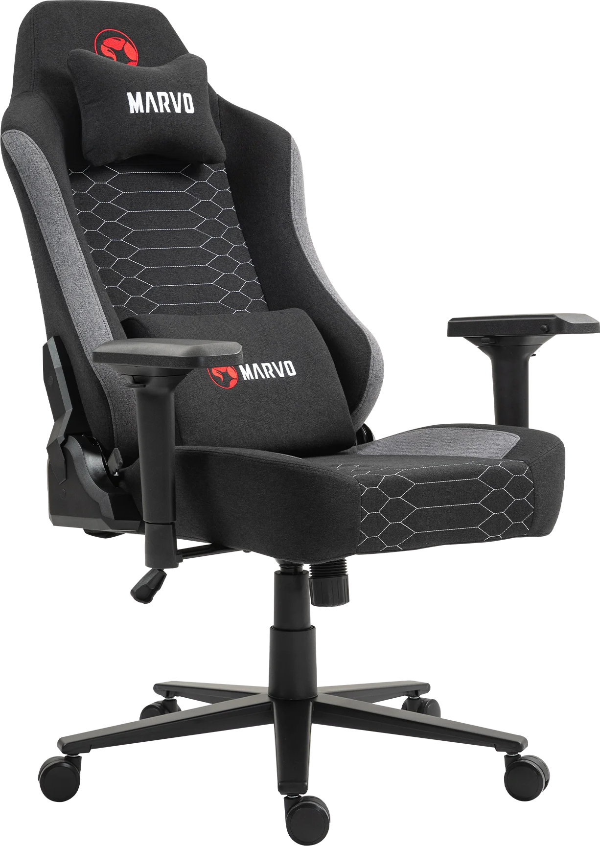 Fekete gamer szék Marvo logóval, nyak- és deréktámasszal.