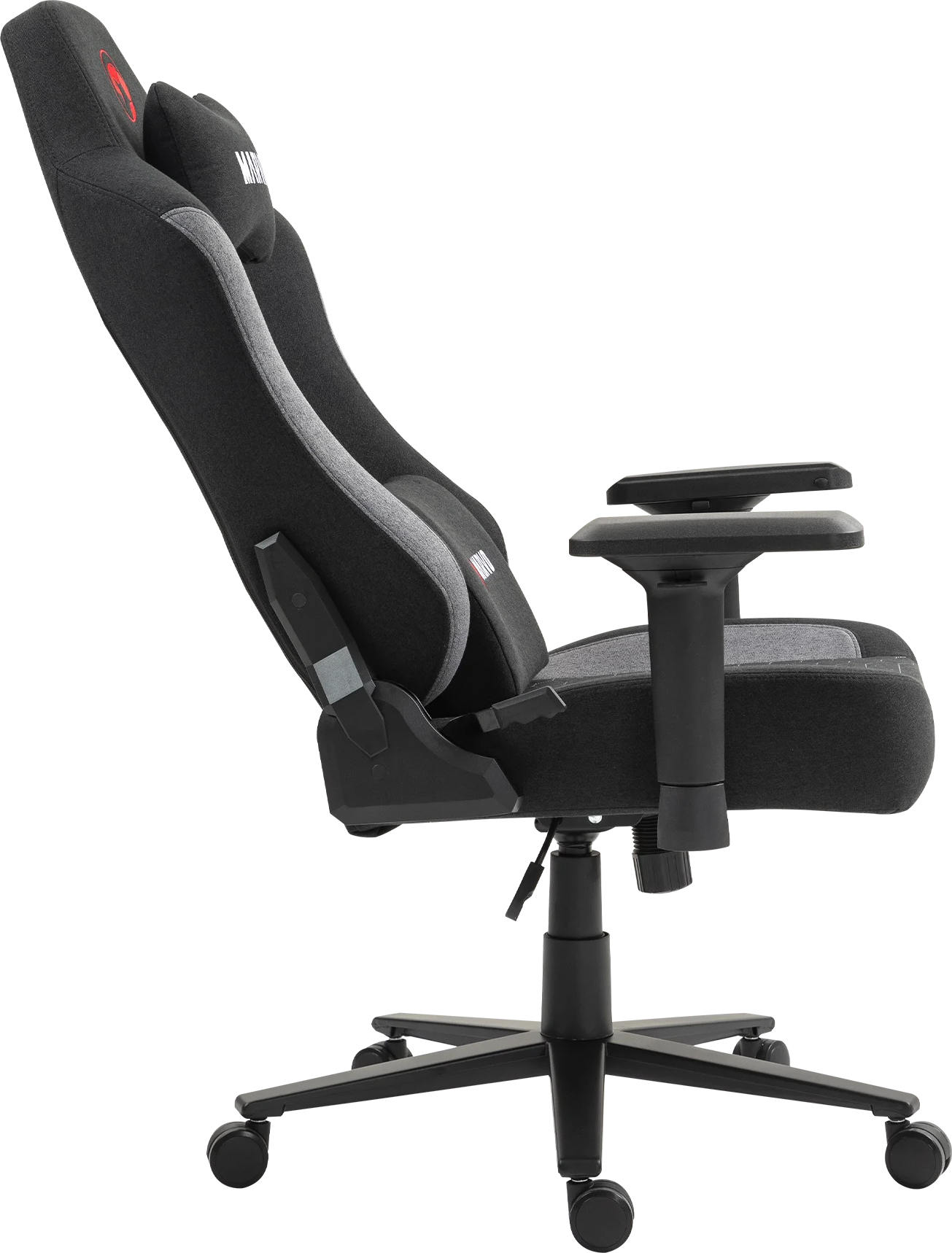 Fekete gamer szék szürke szövettel, állítható kartámlákkal és fekete csillaglábbal.