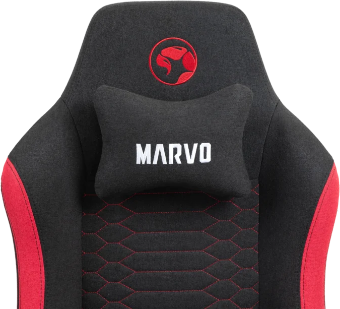 Fekete gamer szék piros logóval és párnával.
