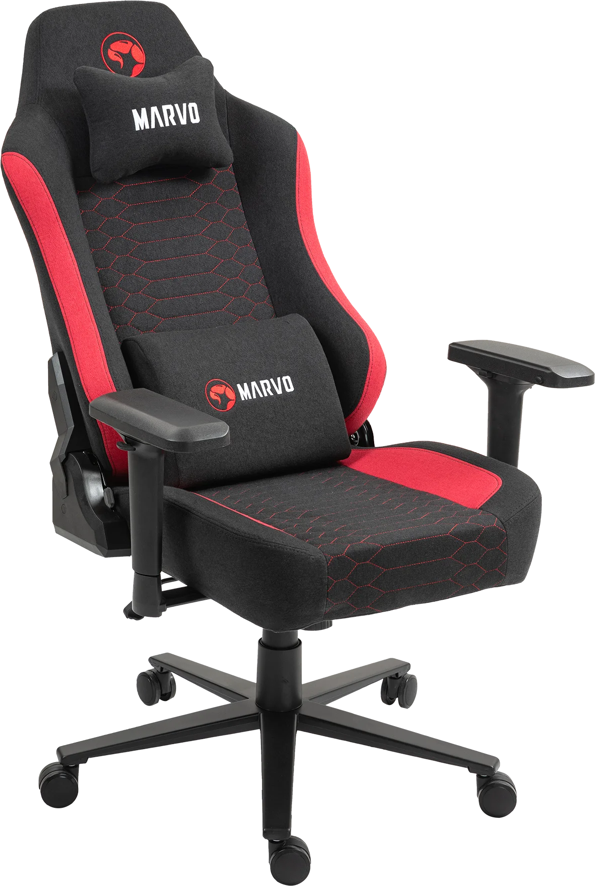 Egy fekete gamer szék piros díszítéssel, állítható kartámasszal és két párnával.
