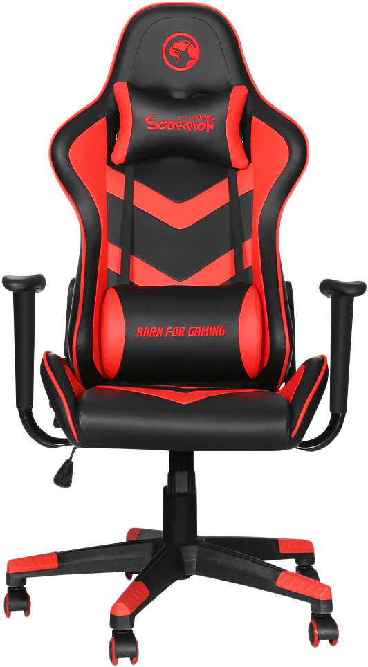 Fekete gamer szék piros díszítéssel és 'Born for Gaming' felirattal.