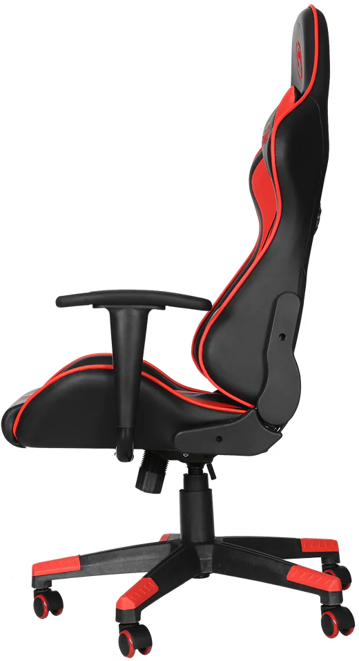 Fekete gamer szék piros díszítéssel, oldalról.