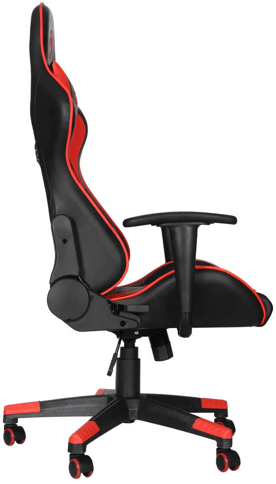 Fekete gamer szék piros díszítéssel, oldalról nézve.