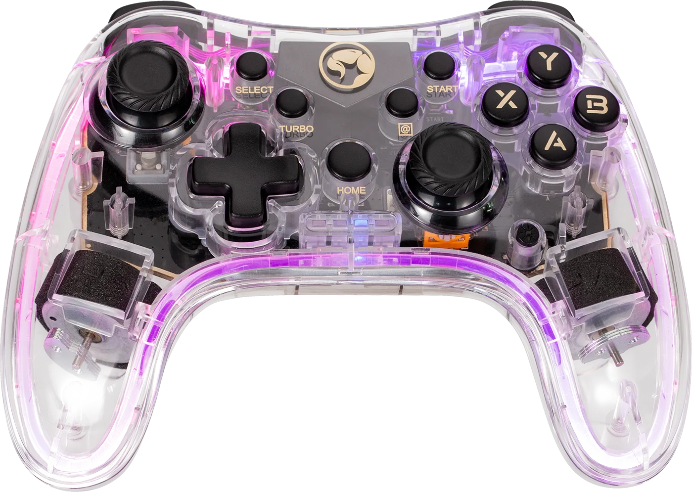 Átlátszó kontroller rózsaszín világítással, fekete gombokkal és joystickokkal.