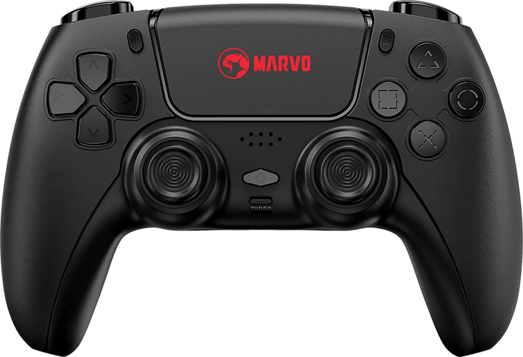 Fekete gamer kontroller piros Marvo logóval, két joystickkel és gombokkal.
