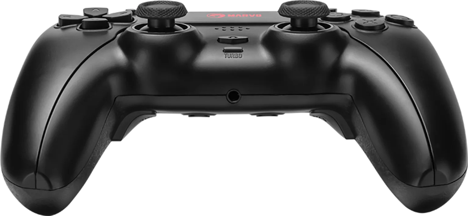 Fekete játékkontroller piros díszítéssel és két joystickkal.