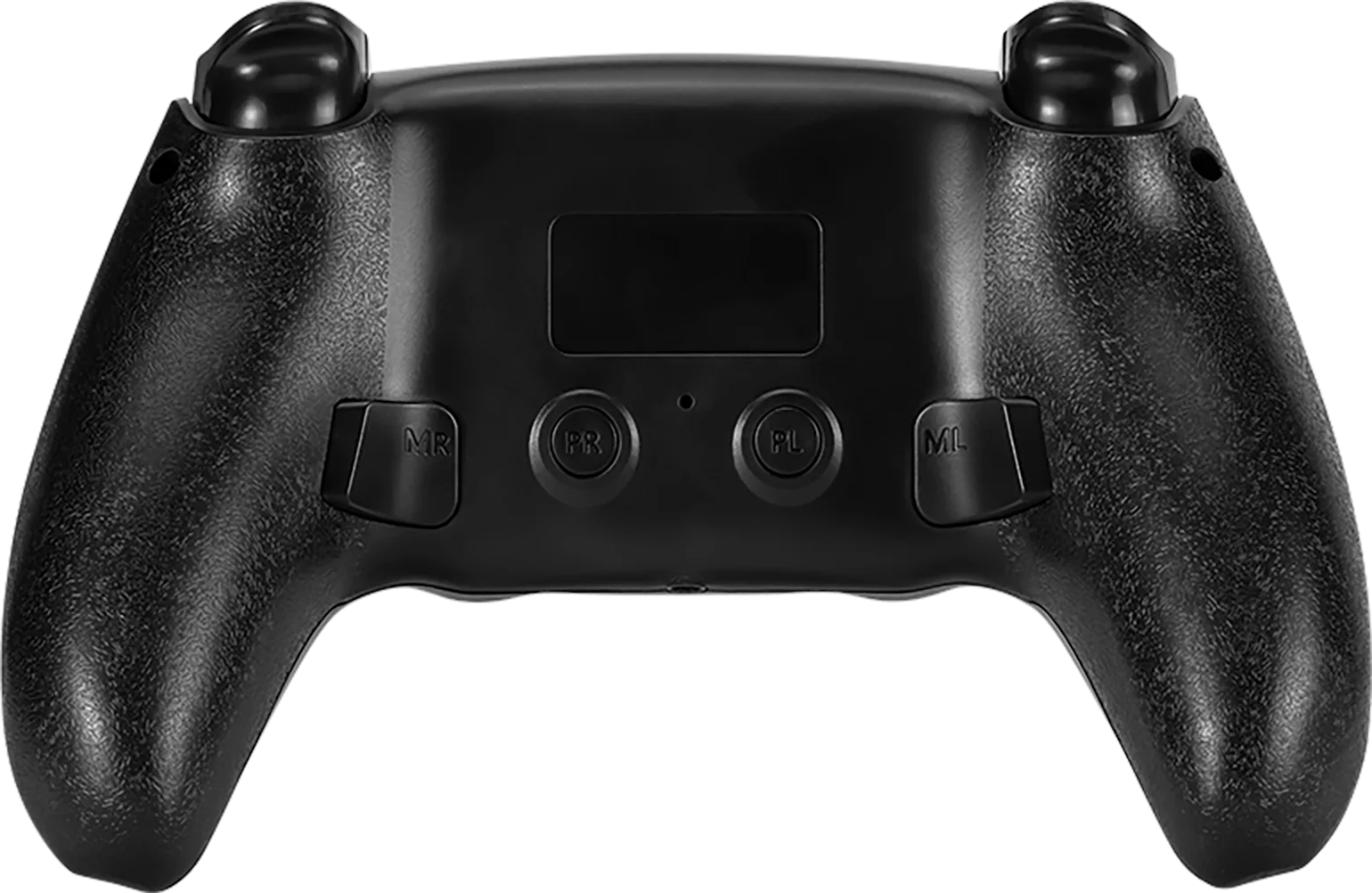 Fekete kontroller hátoldala gombokkal, joystickokkal és texturált markolattal.