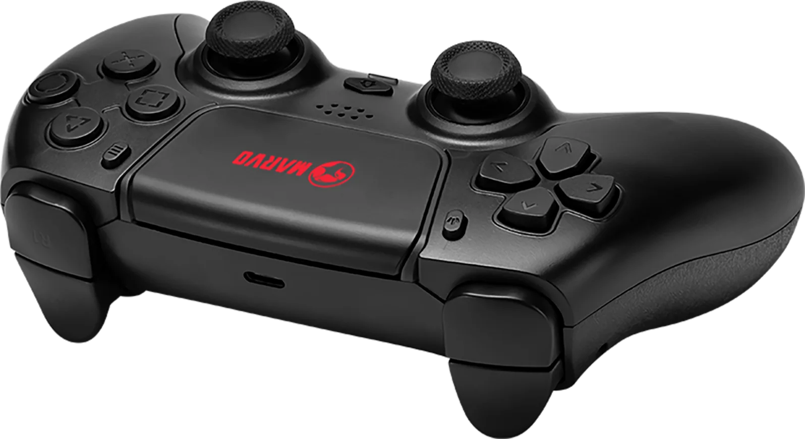 Fekete gamer kontroller piros gombfeliratokkal és két joystickkal.