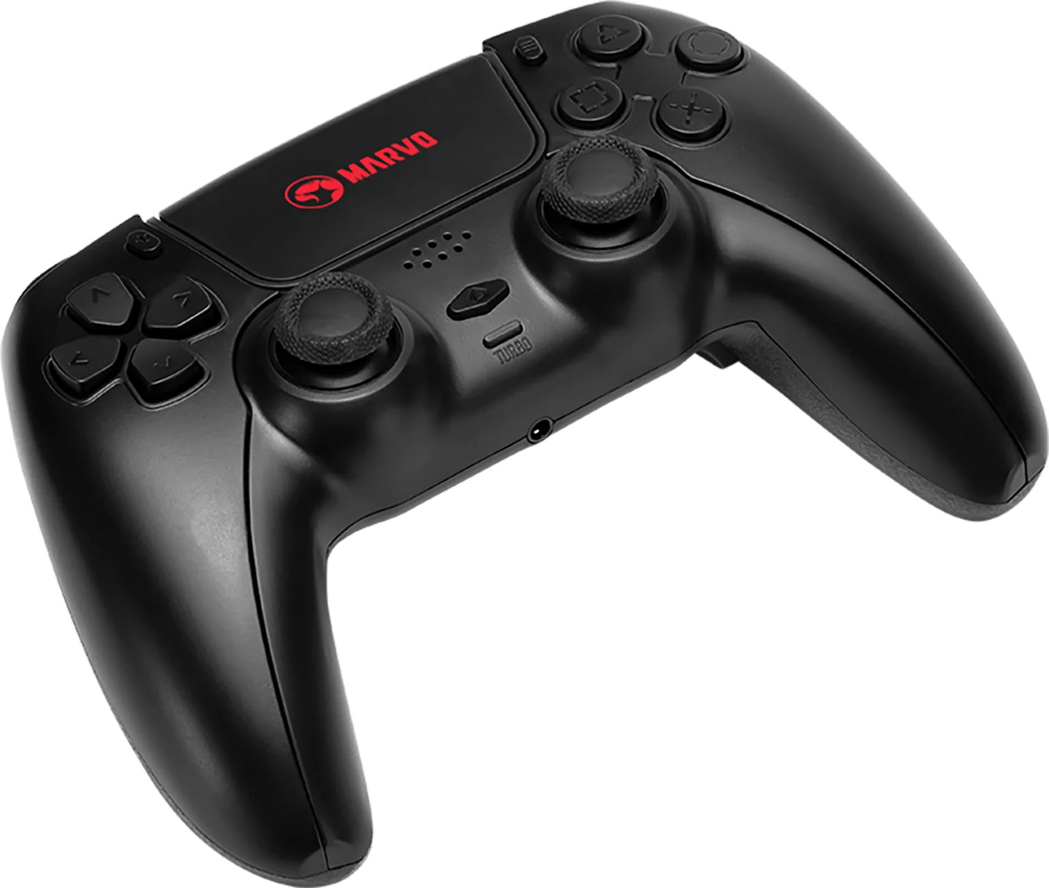 Fekete gamer kontroller piros Marvo logóval és gombokkal.