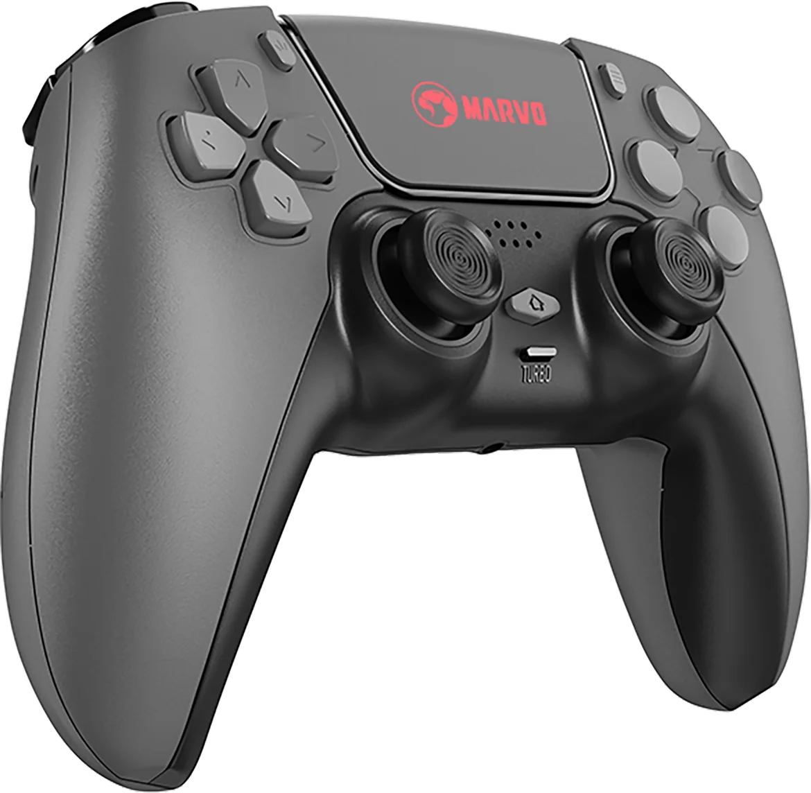 Egy fekete, piros MARVO logós játékvezérlő látható. Két joystickje és gombjai vannak.