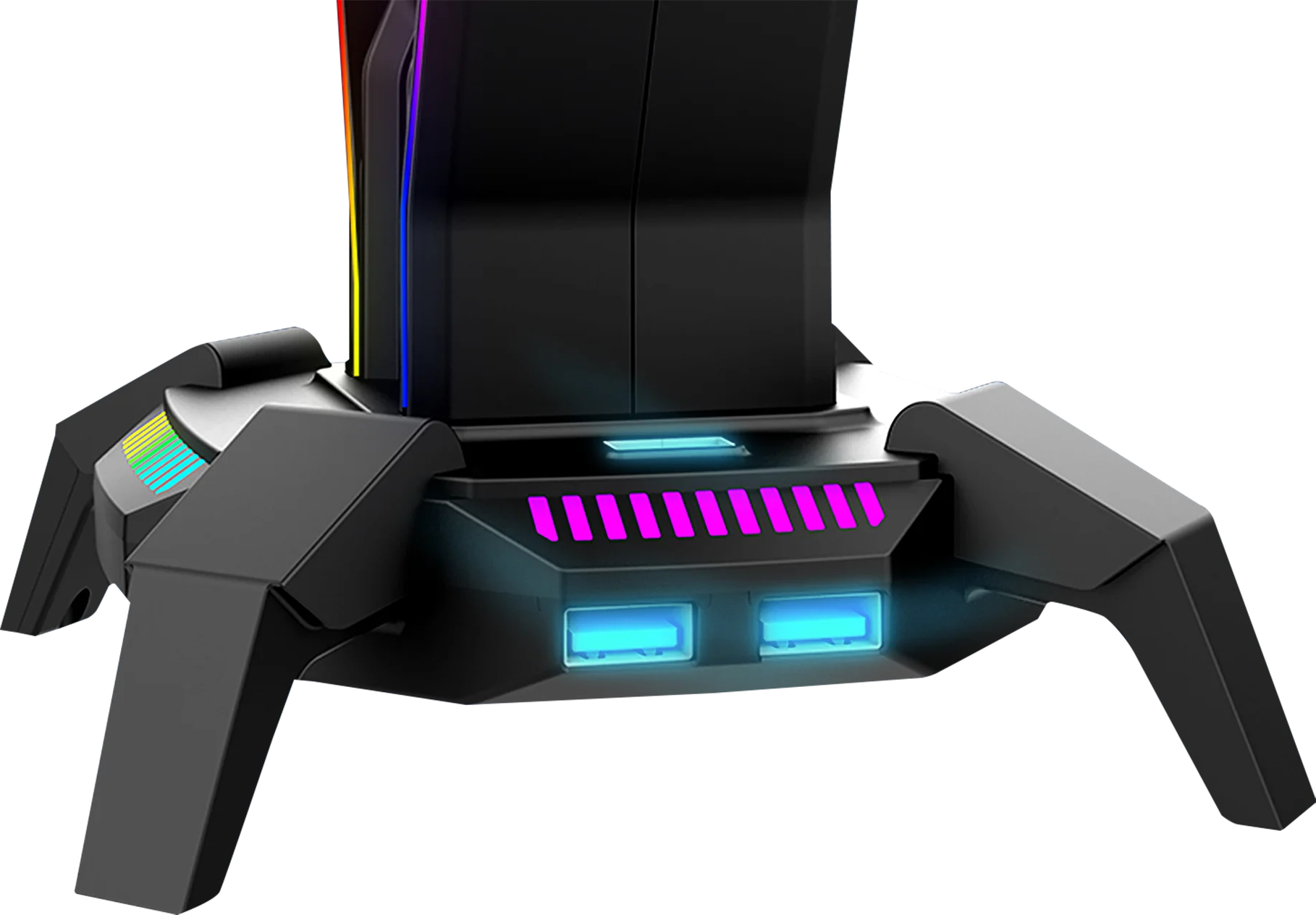 Fekete gamer állvány RGB világítással és két USB porttal.