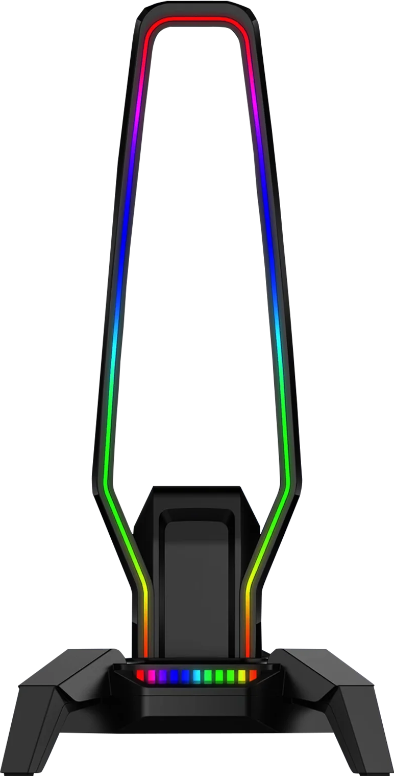 Egy fekete állvány RGB világítással. Széles talapzata és függőleges oszlopa van.