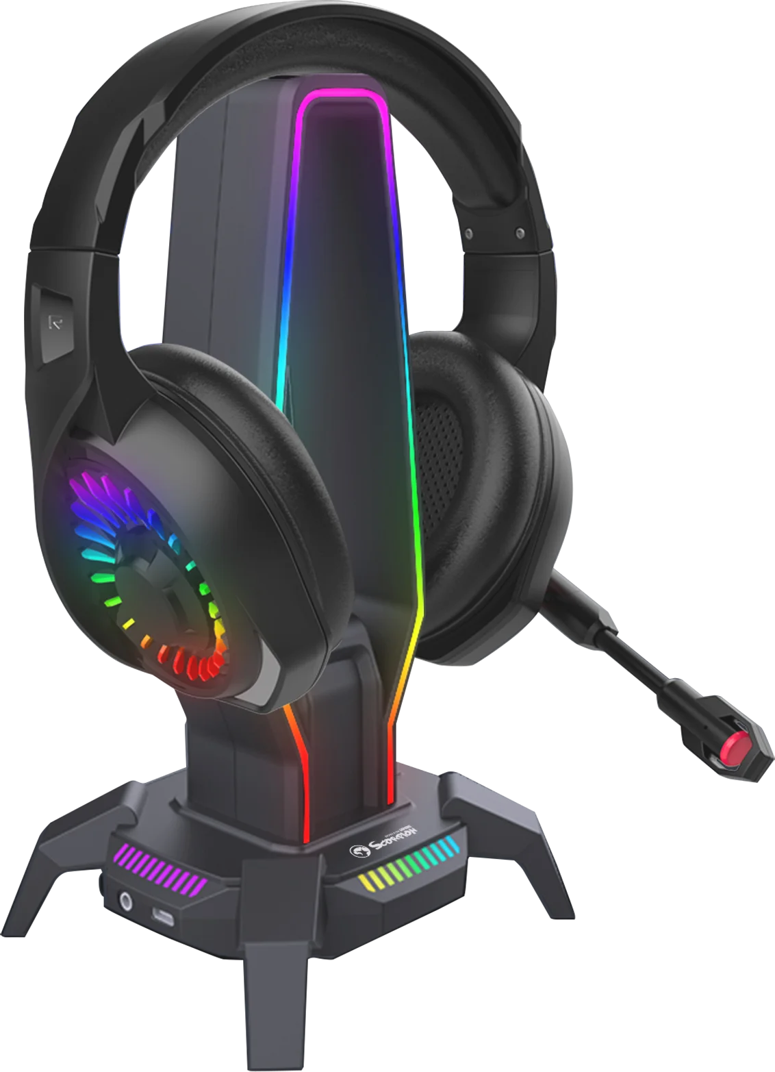 Fekete gamer fejhallgató RGB világítással, többszínű világítású állványon.