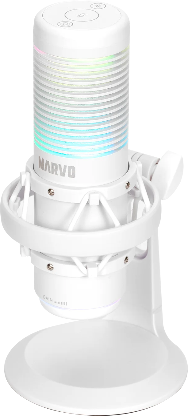 Fehér mikrofon RGB világítással állványon.